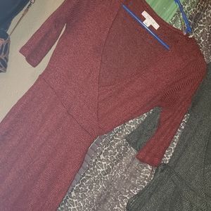 Red wrap around long v neck sweater.